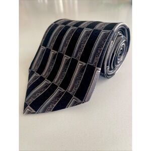 LOUIS ROTH 100% Silk Tie Blue and Black and Grey Geometric Silk Italian
